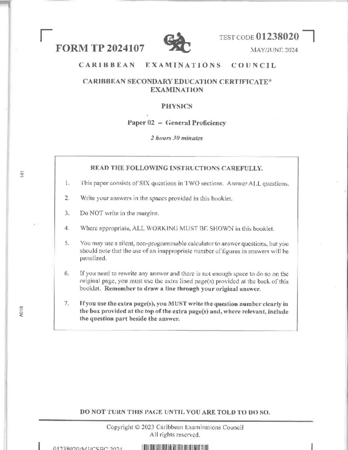 CSEC Physics P2 2024 Exam Paper - General Proficiency - Studocu