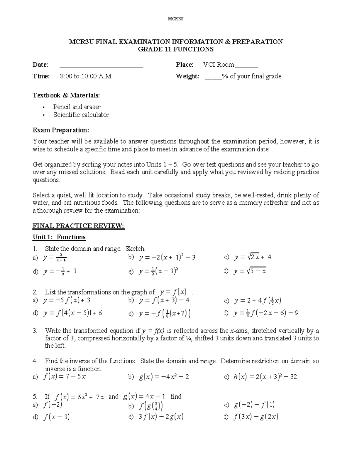 MCR3U FINAL EXAM REVIEW CHEAT SHEET - GRADE 11 FUNCTIONS - Studocu