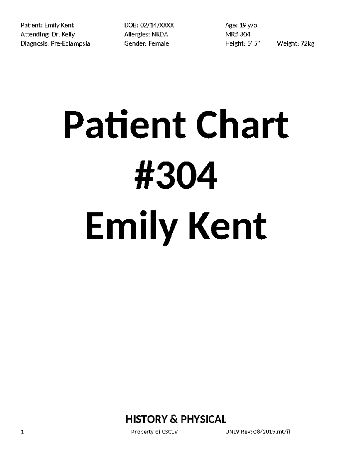 Emily Kent Patient Chart: OB Assessment & Care Plan (CSCLV UNLV) - Studocu