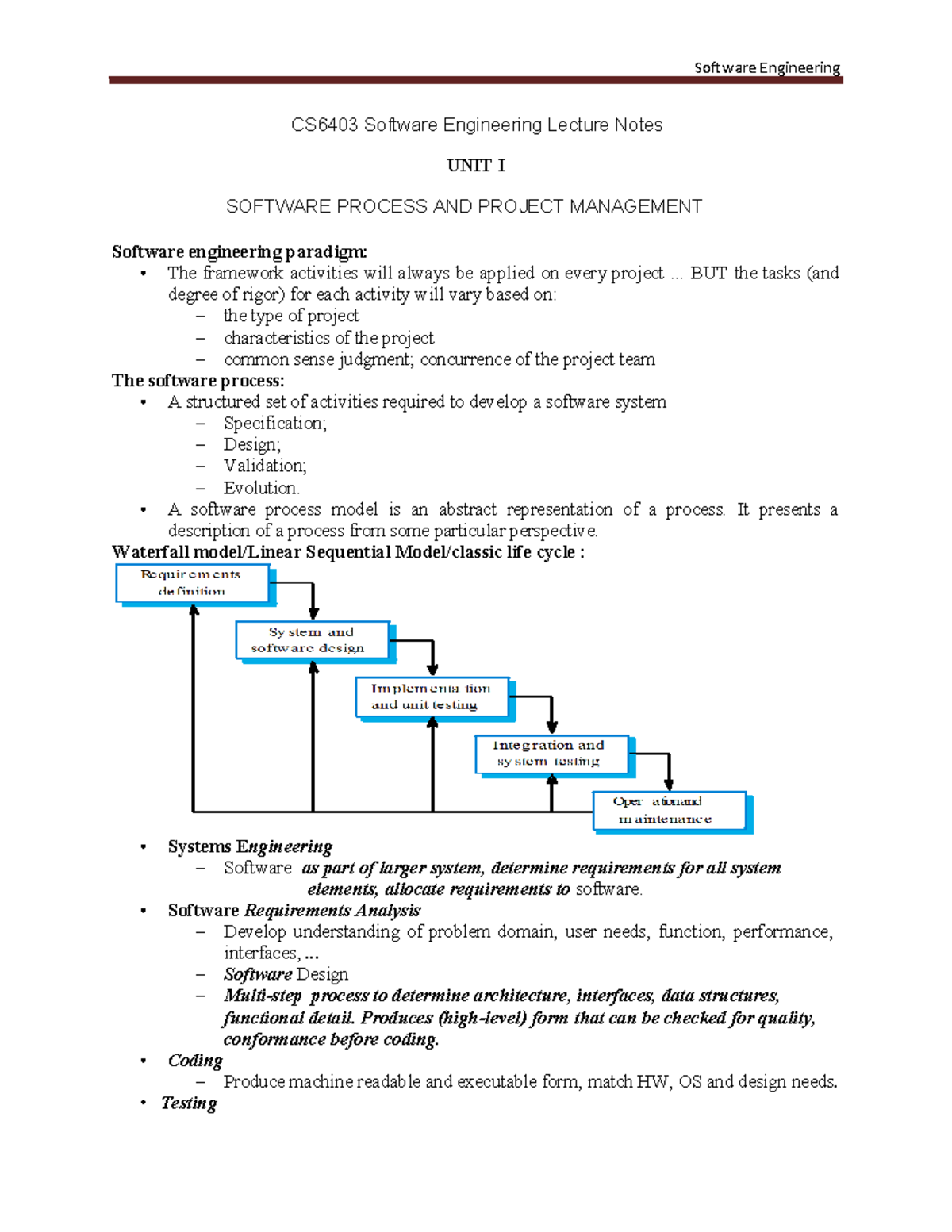 CS6403 Software Engineering Lecture Notes: Unit I - Software Process ...