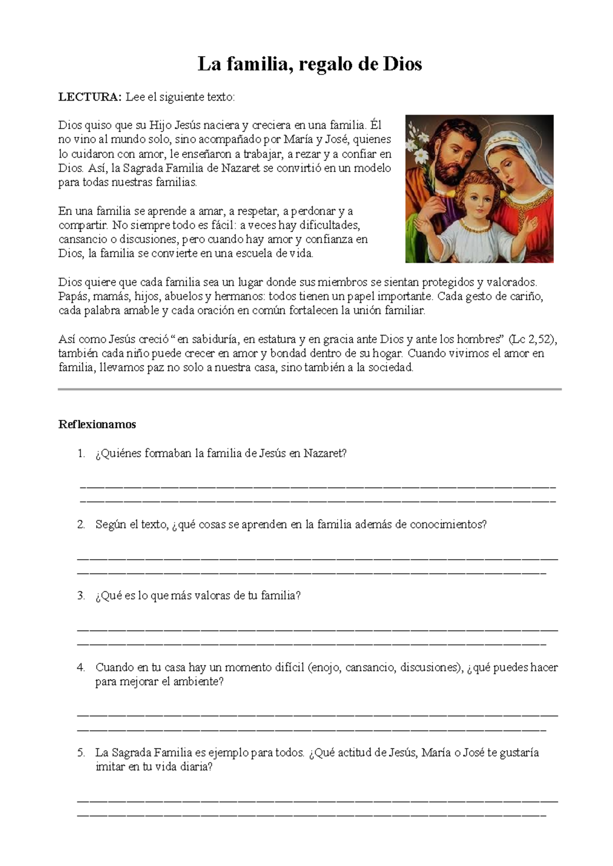 La familia como regalo de Dios: Ficha de Religión - Studocu