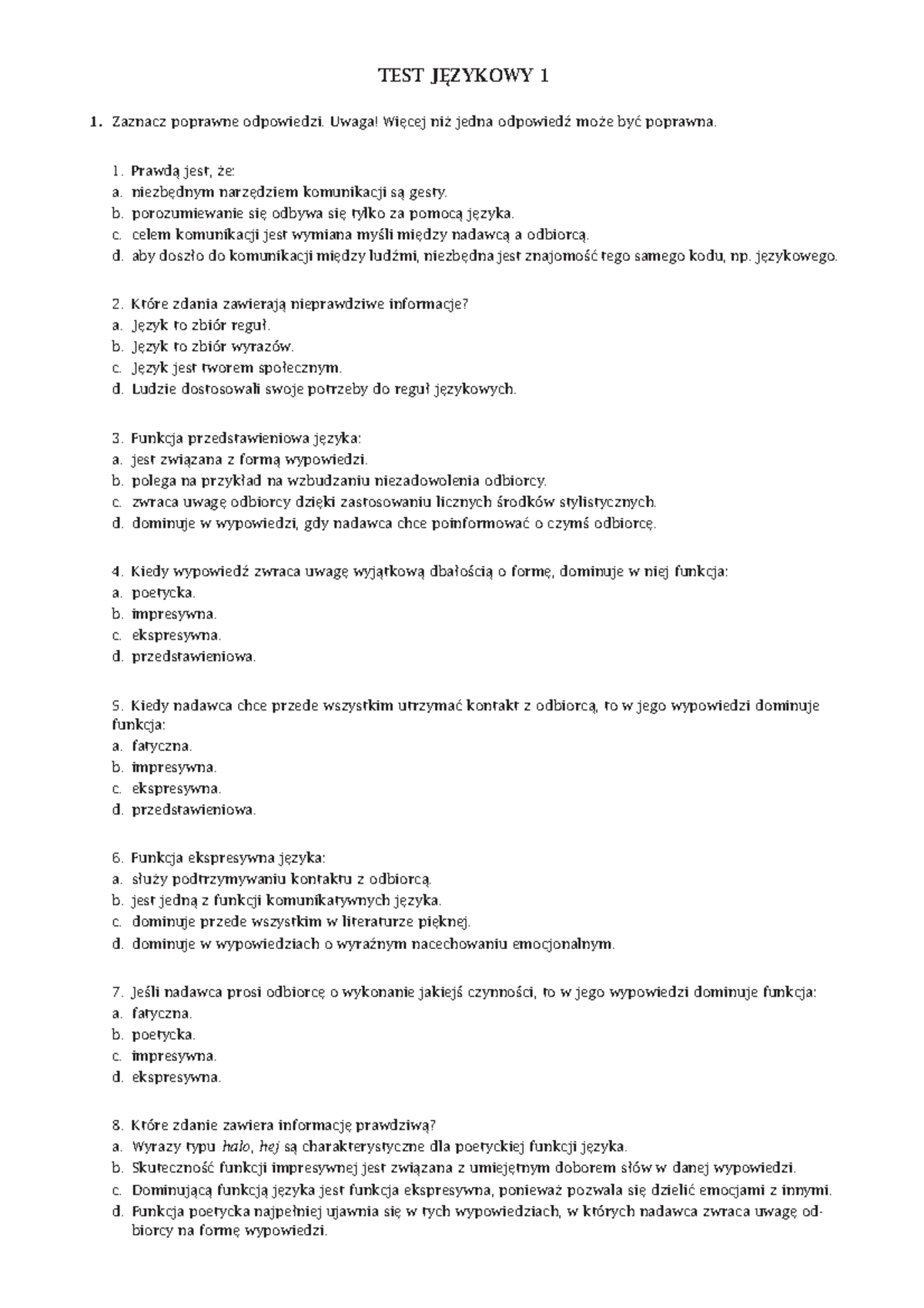 Funkcje Języka Sprawdzian Pdf