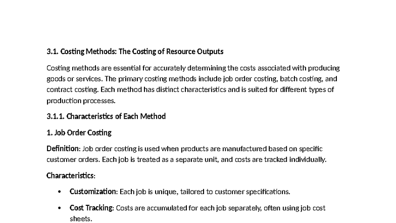 CMA I Chapter 3: Costing Methods and Resource Outputs - Studocu