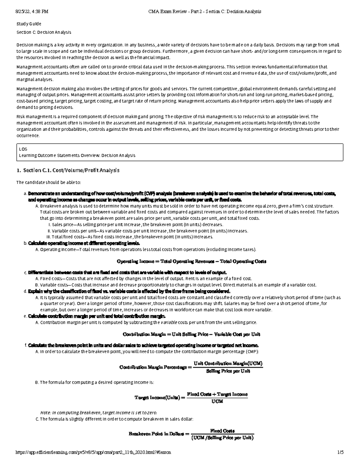 CMA Exam Review - Part 2 - Section C: Decision Analysis Study Guide - Document Preview