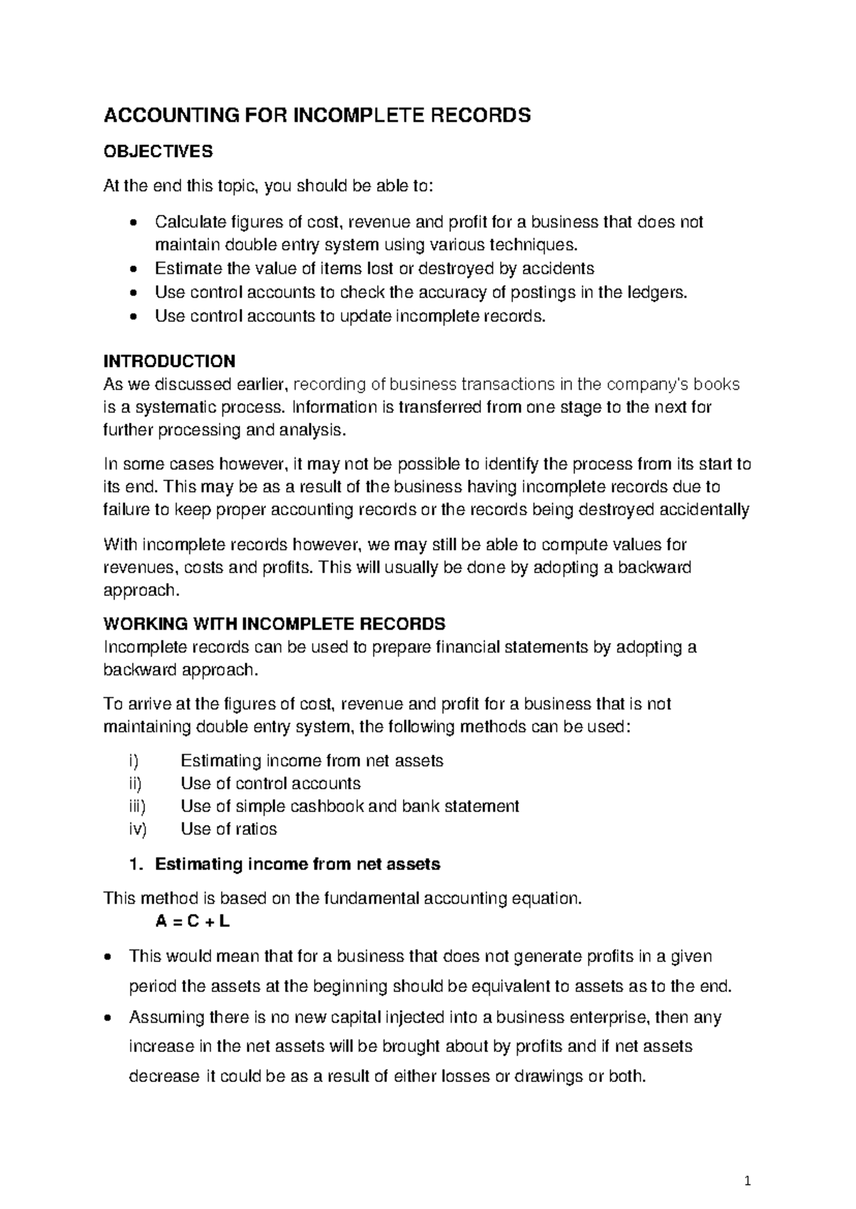 Accounting for Incomplete Records: Techniques and Control Accounts ...