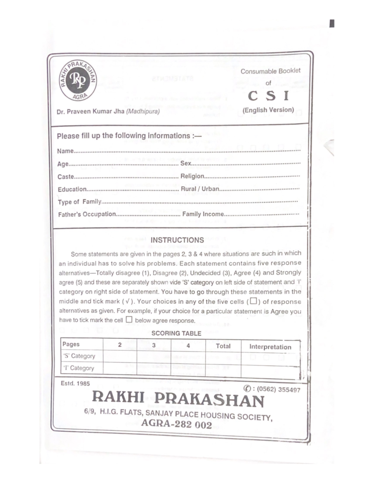 AGRA CSI Questionnaire: Cognitive Style Inventory Assessment - Studocu