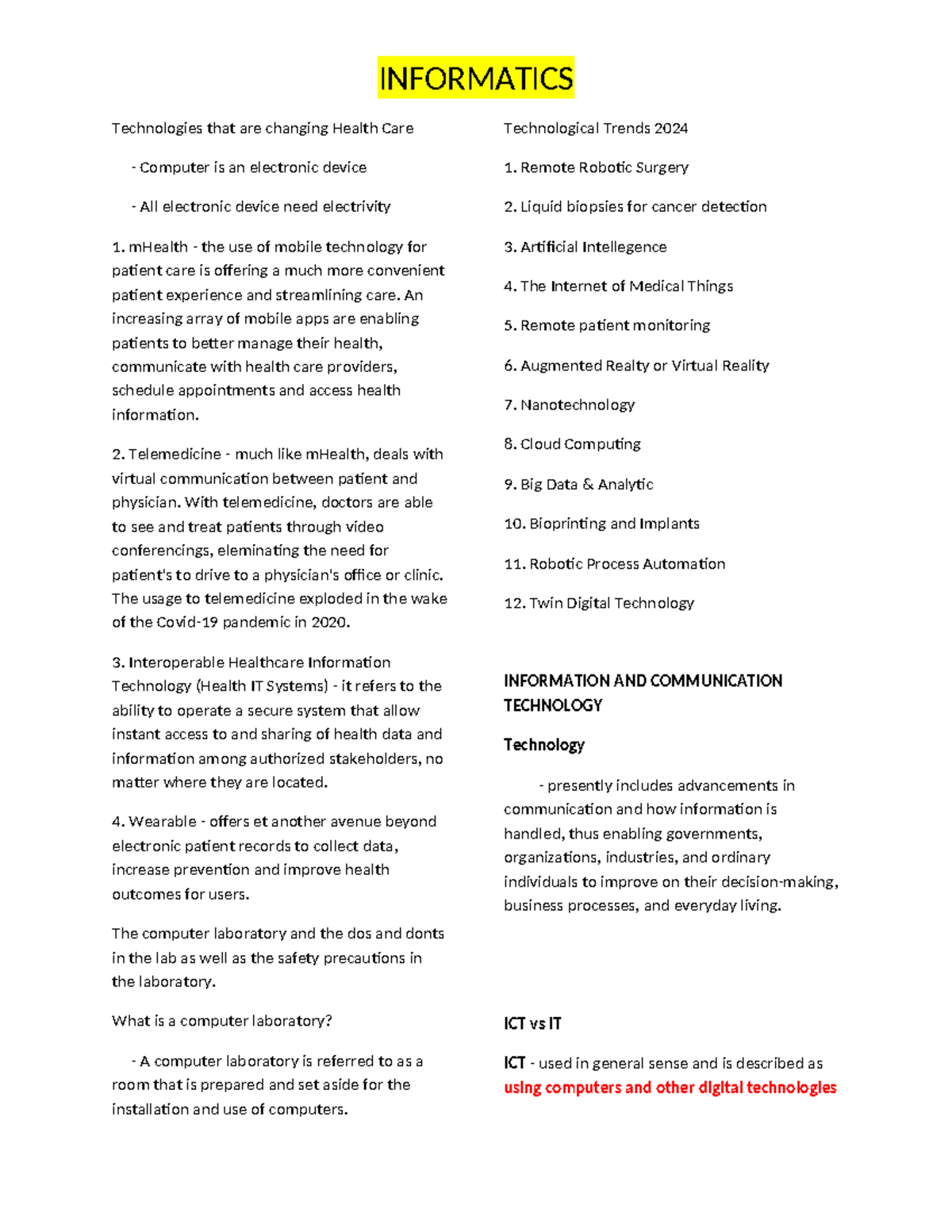 INFORMATICS ICT Trends Transforming Health Care: Lecture Notes 2024 ...