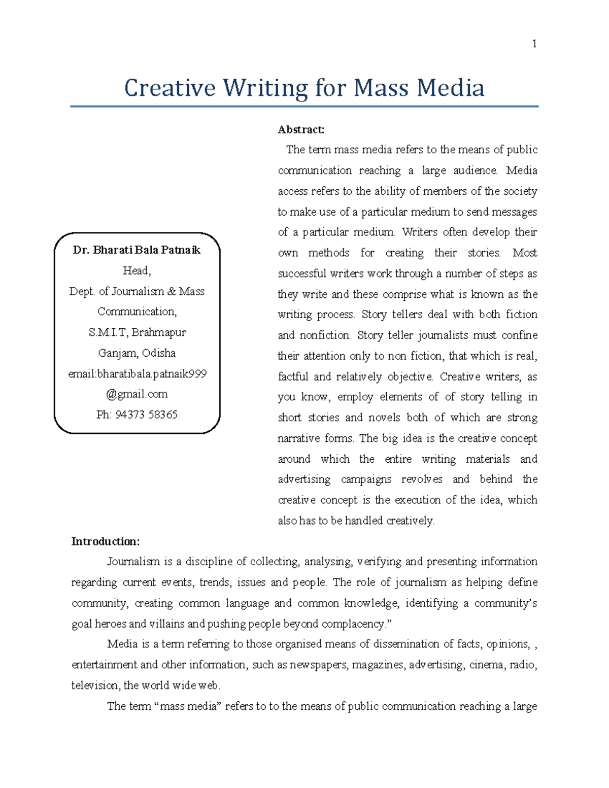 Creative Writing in Journalism & Mass Media (JMC 101) - Studocu