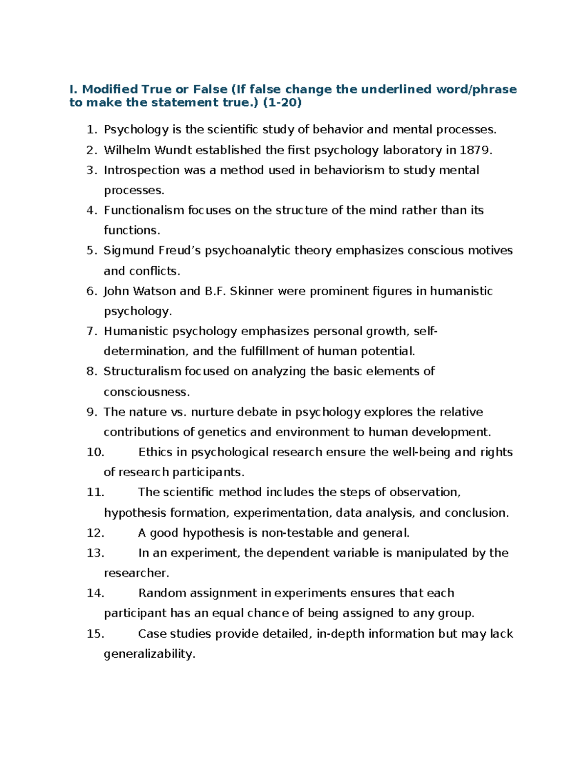 PSY101 Sample Quiz on Psychology Concepts and Terminology - Studocu