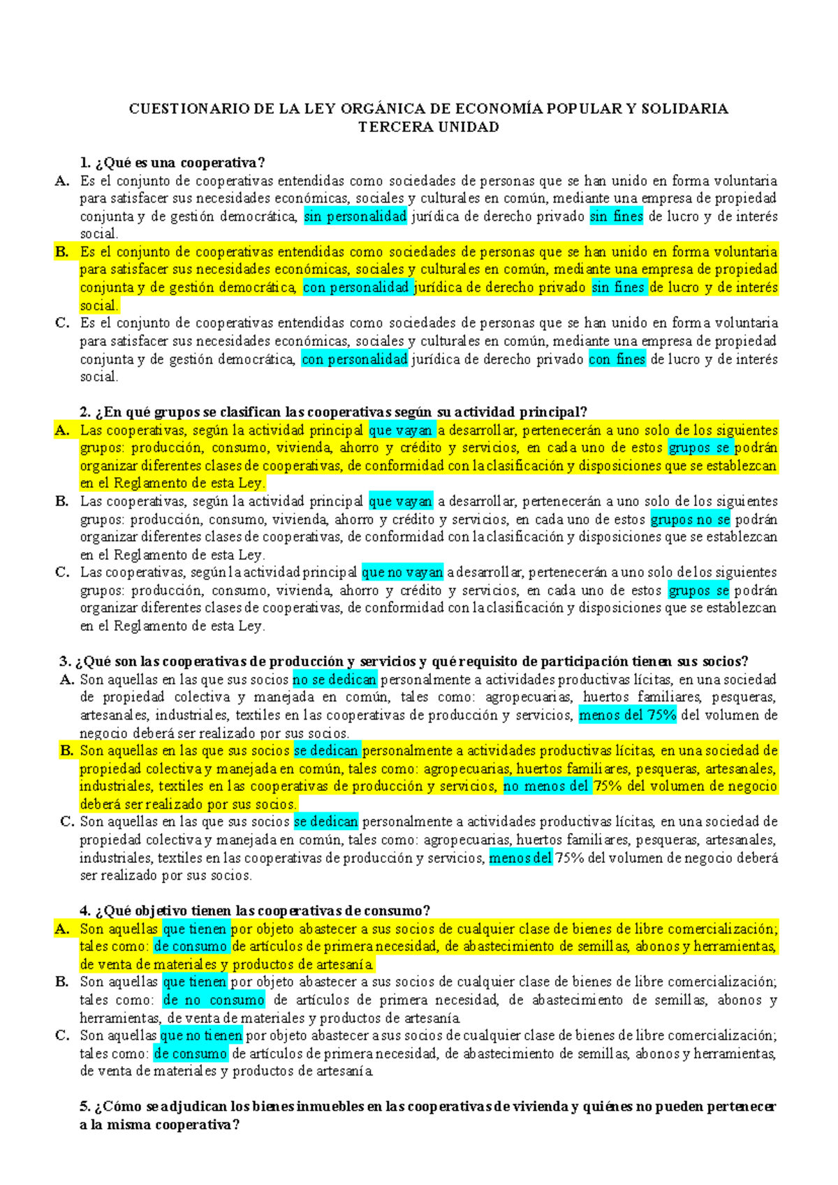 Cuestionario de la Ley Orgánica de Economía Popular y Solidaria ...