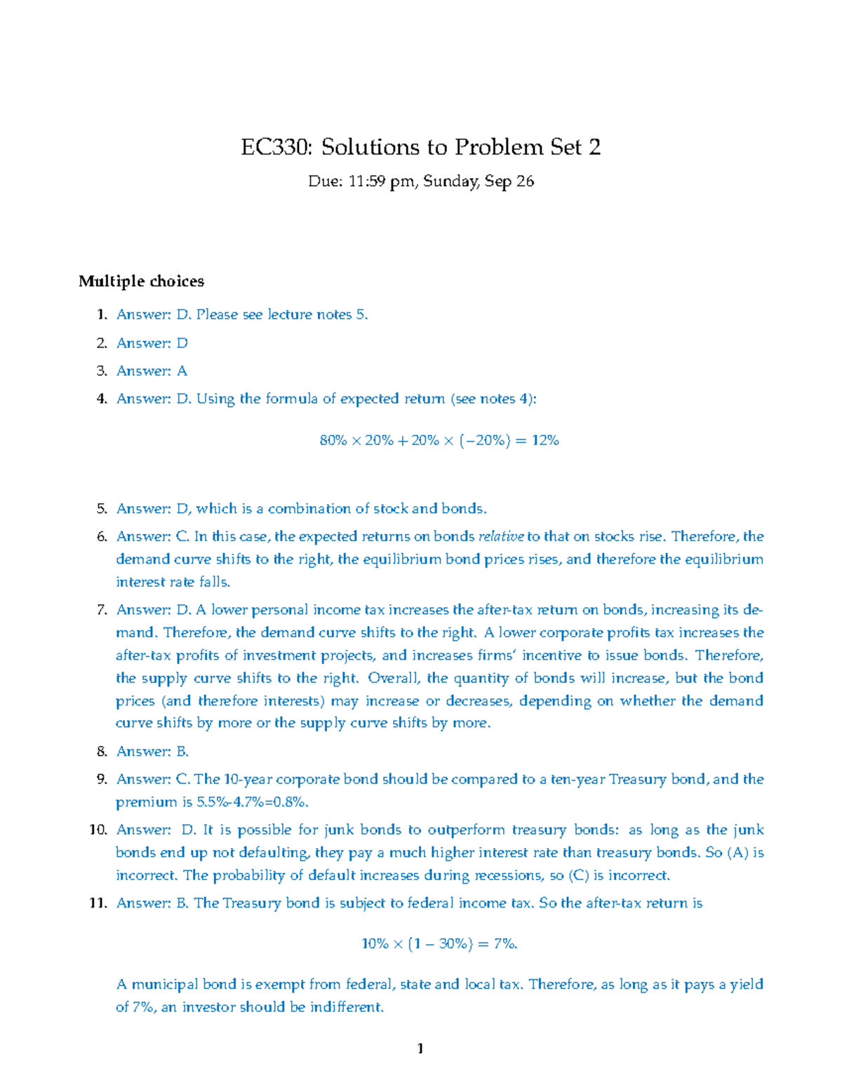 EC330: Solutions to Problem Set 2 - Detailed Answers and Explanations ...
