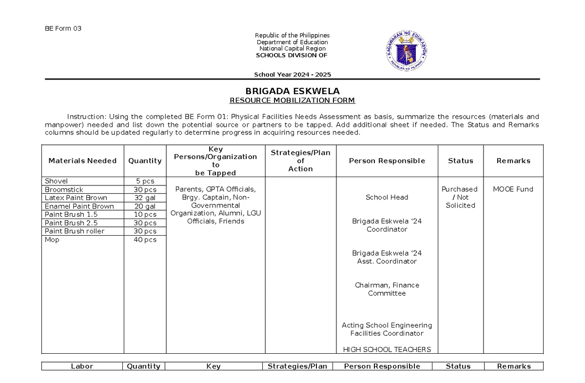 BE-Form 03: Brigada Eskwela Resource Mobilization Sample - Studocu