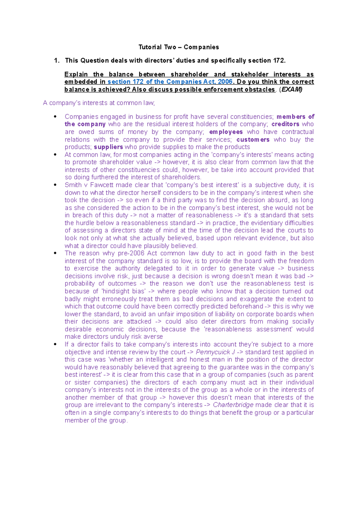 Tutorial Two – Companies: Section 172 and Balancing Interests (EXAM ...