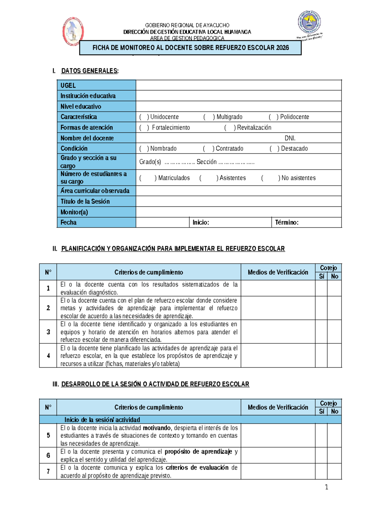 Ficha de Monitoreo Docente: Refuerzo Escolar 2026 - Ayacucho - Document Preview