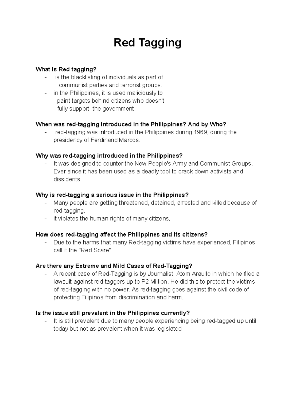 Red Tagging - Debate notes - Red Tagging What is Red tagging? - is the ...
