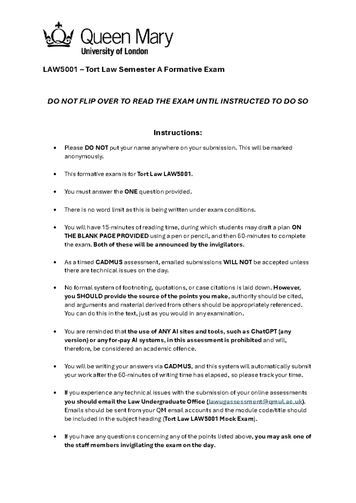 LAW5001 Tort Law Semester A Mock Exam Instructions 2025-26 - Studocu
