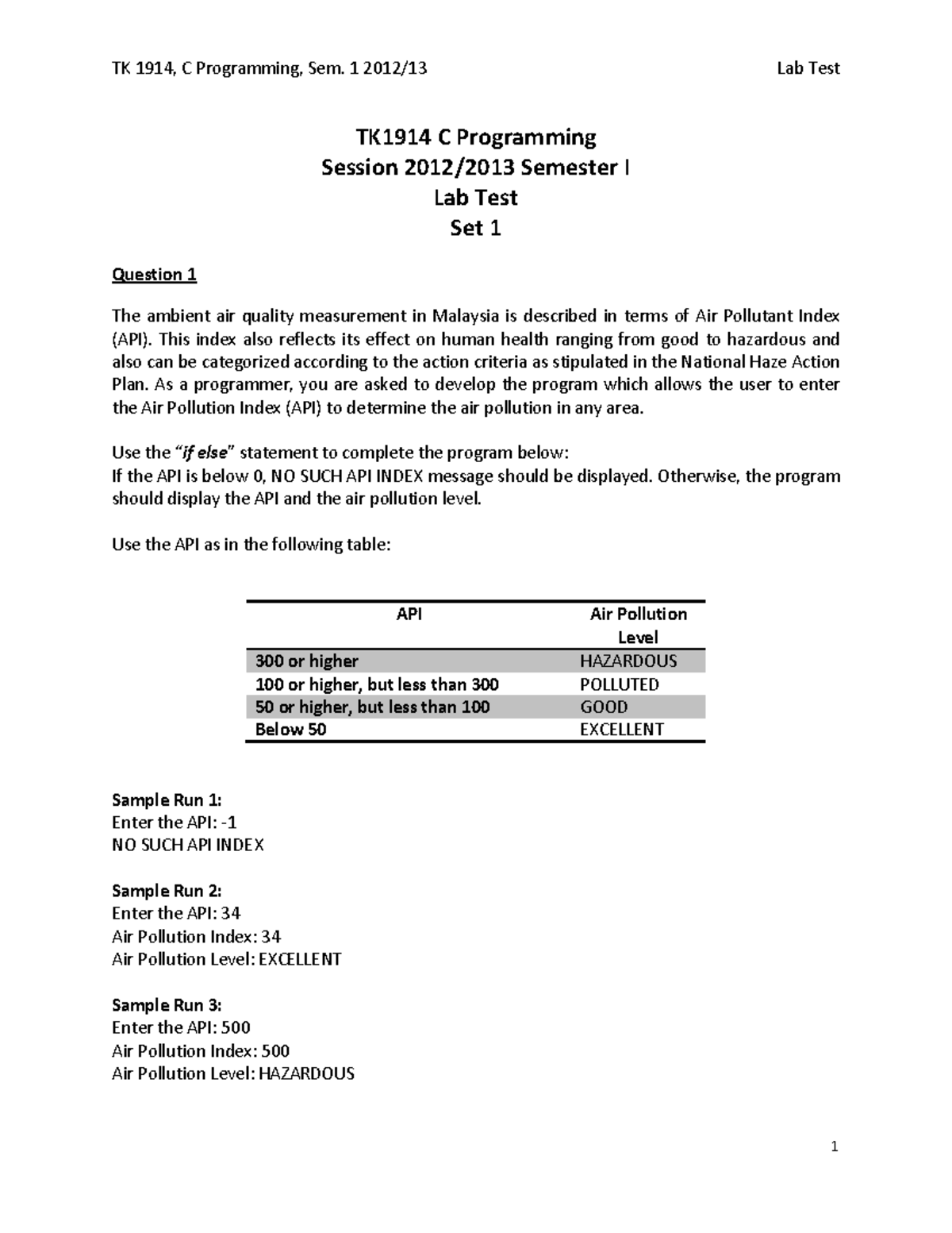 TK1914 Lab Test Set 1 - C++ Programming Questions & Solutions - Studocu