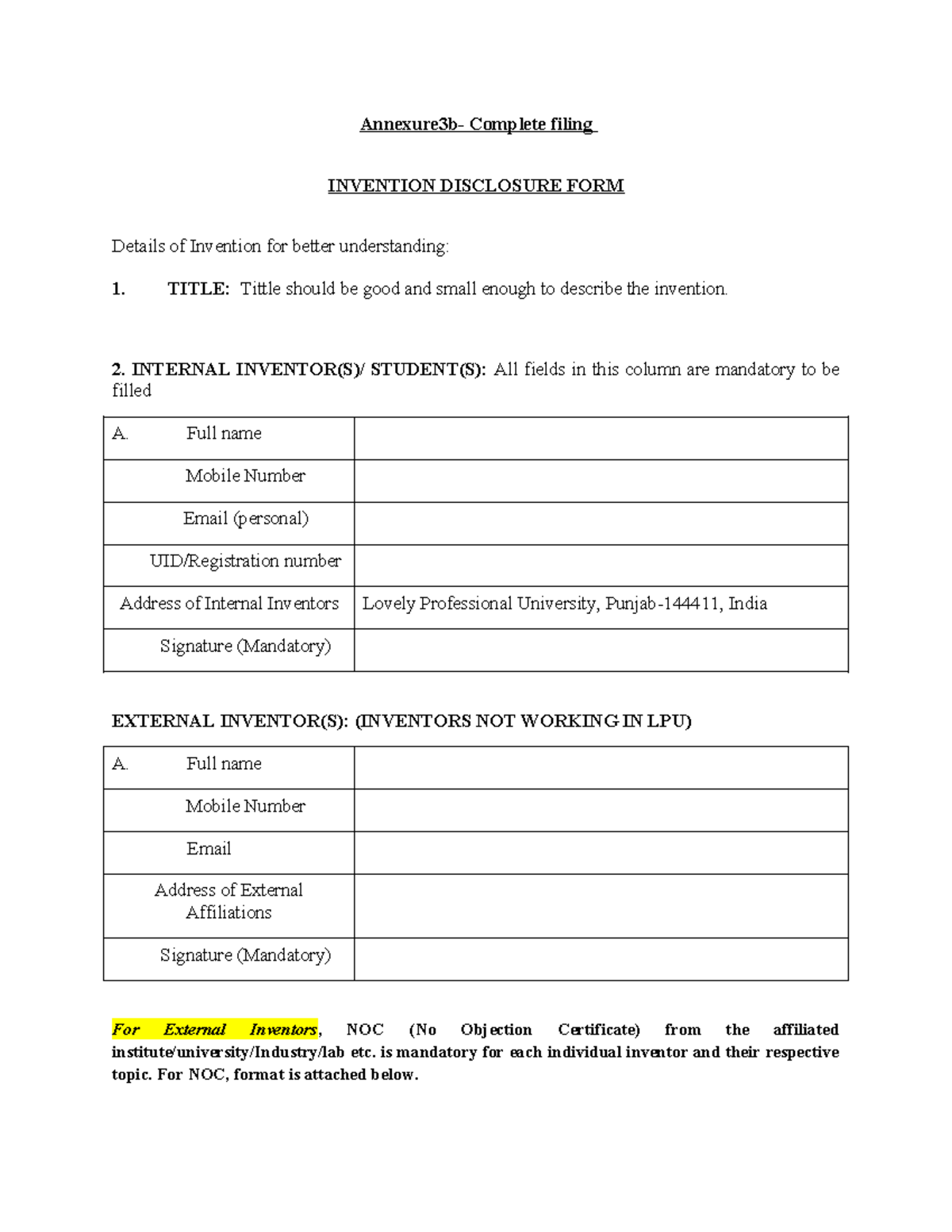 INVENTION DISCLOSURE FORM - LPU Patent Filing Guidelines - Studocu