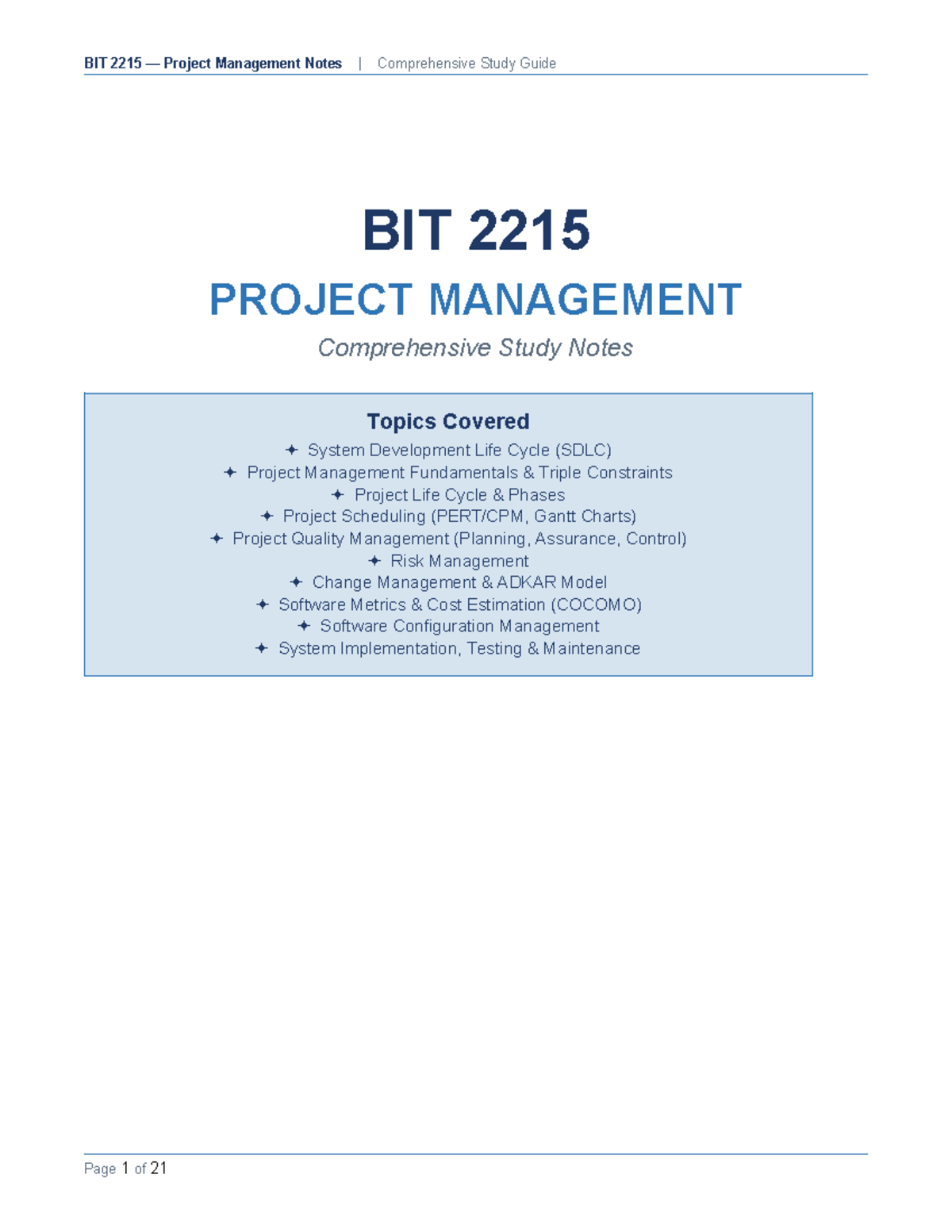 BIT 2215 Project Management Comprehensive Study Guide and Notes - Studocu
