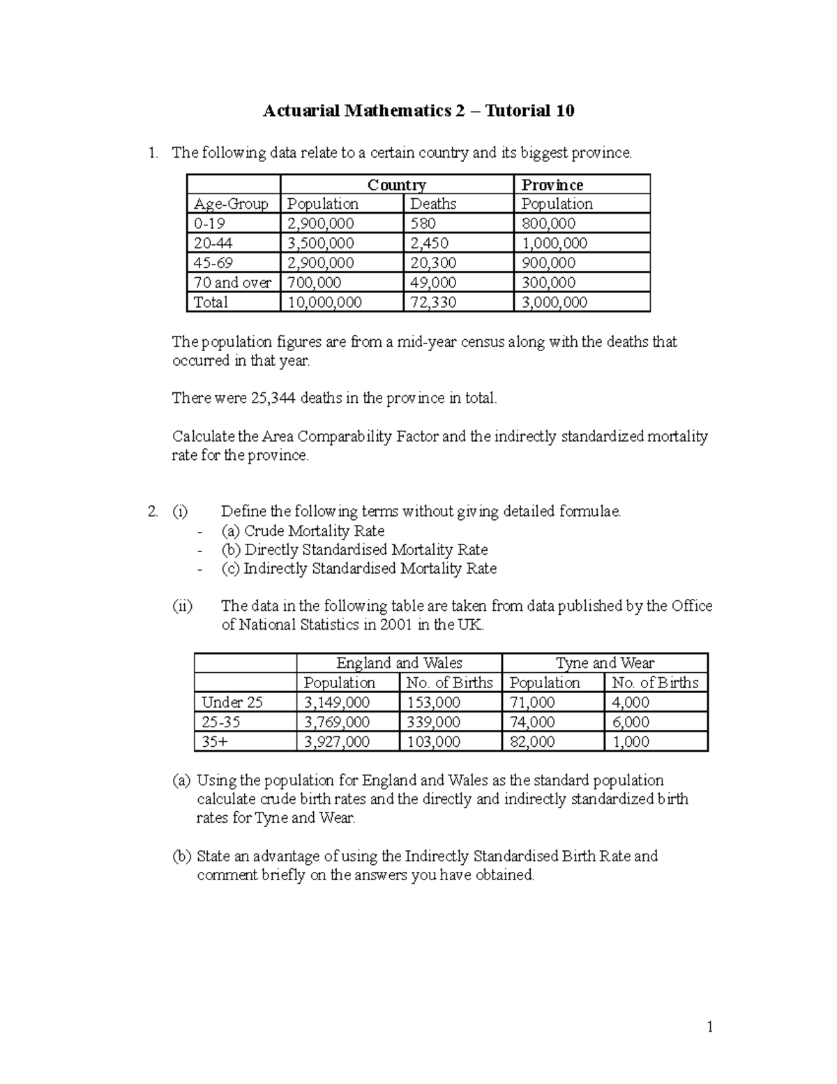 Tutorial Sheet 10%284%29 - Actuarial Mathematics 2 – Tutorial 10 1. The ...