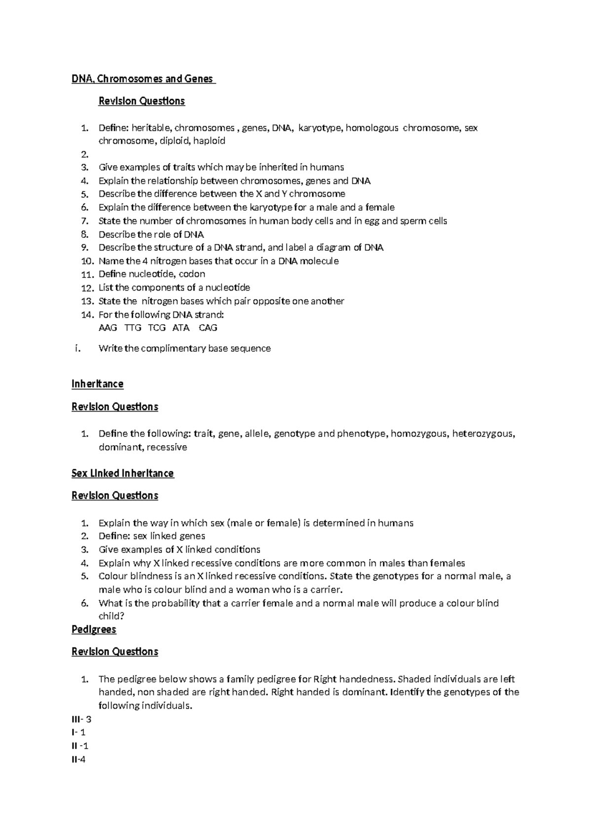 DNA, Chromosomes & Genes Revision Questions for Biology 101 - Studocu