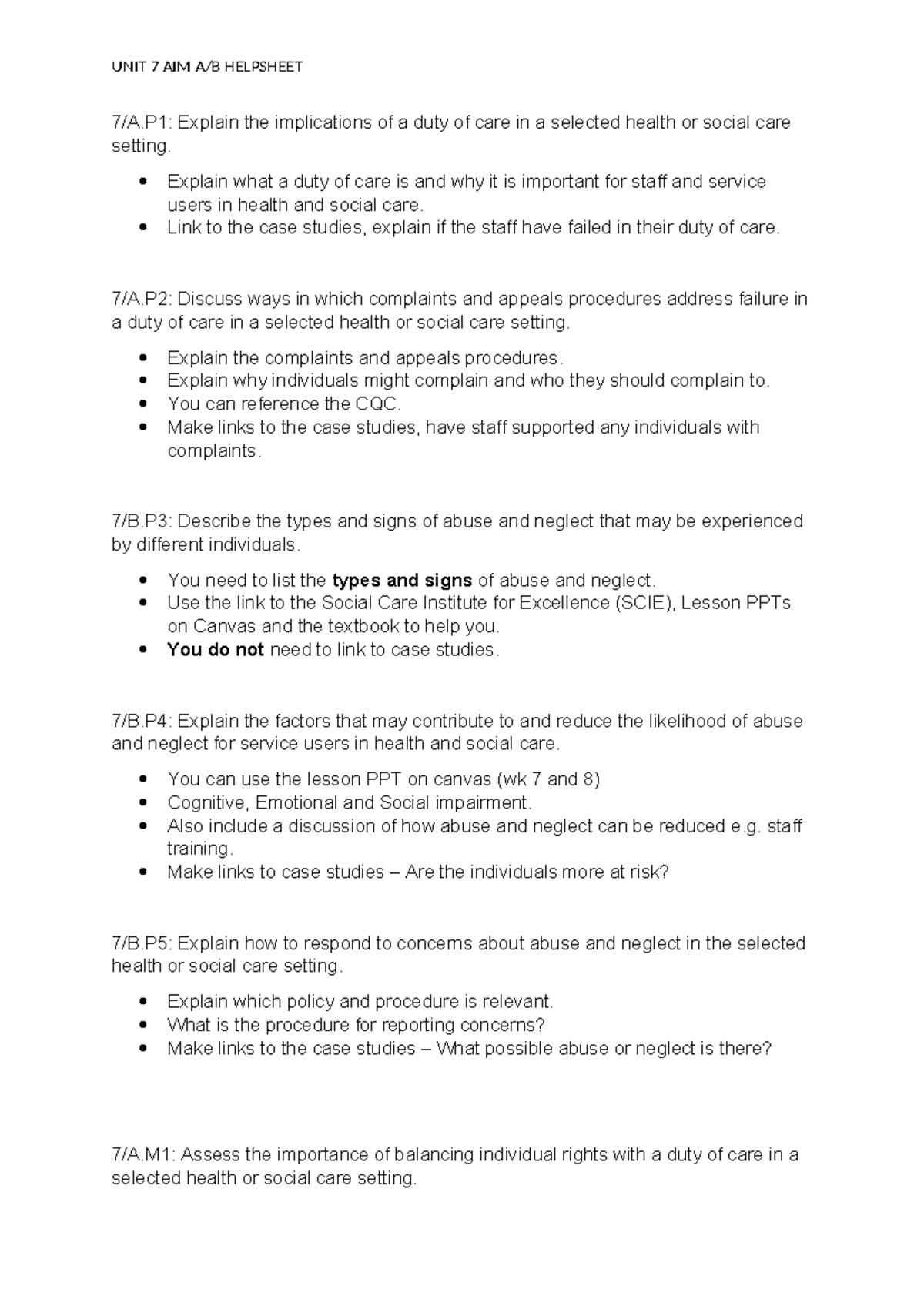 UNIT 7 AIM A/B HELPSHEET - Duty of Care and Abuse in Health Care - Studocu