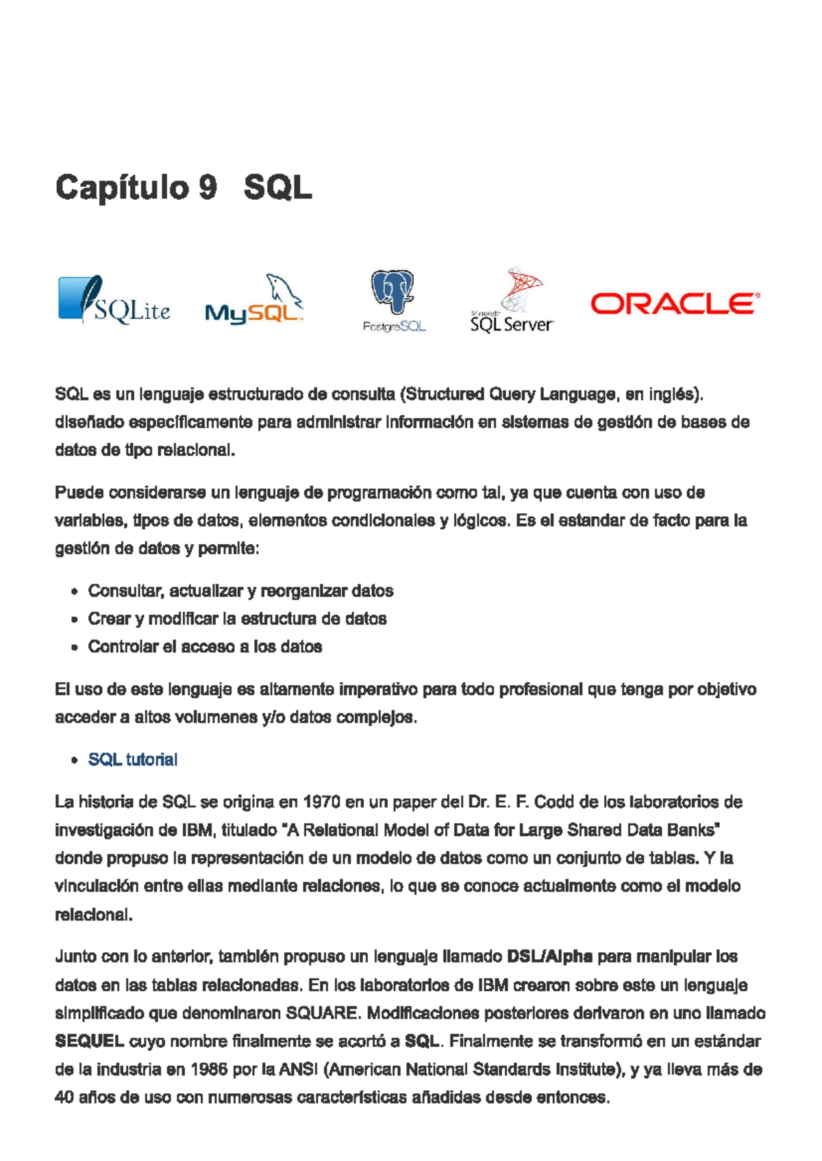 Manual sql - taller MySQL - Capítulo 9 SQL SQLite MySQL ORACLE ...