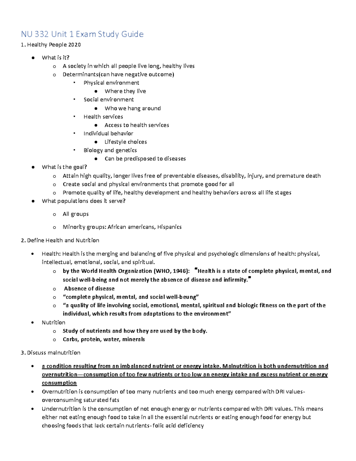 NU 332 Unit 1 Exam Study Guide: Health, Nutrition, and Well-being - Studocu