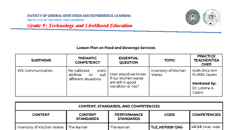 Grade 9 TLE Lesson Plan: Inventory of Kitchen Wares and Maintenance ...