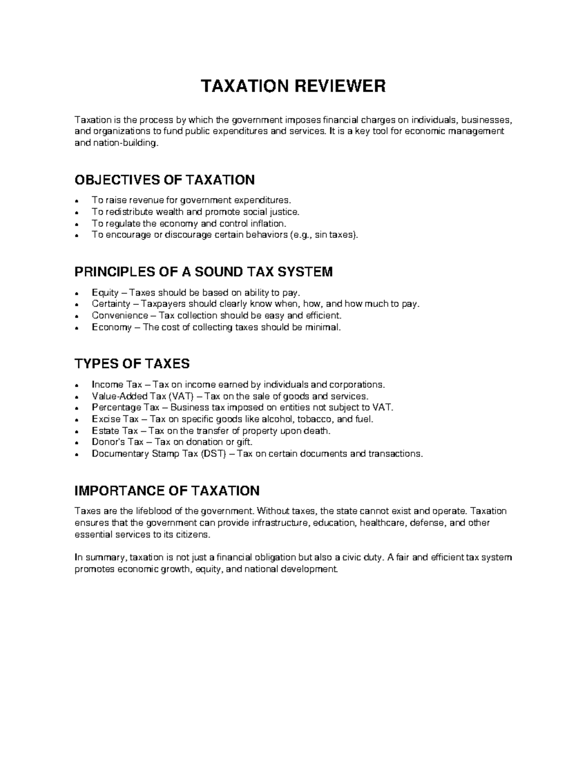 TAX 101: Comprehensive Taxation Reviewer and Key Principles - Studocu