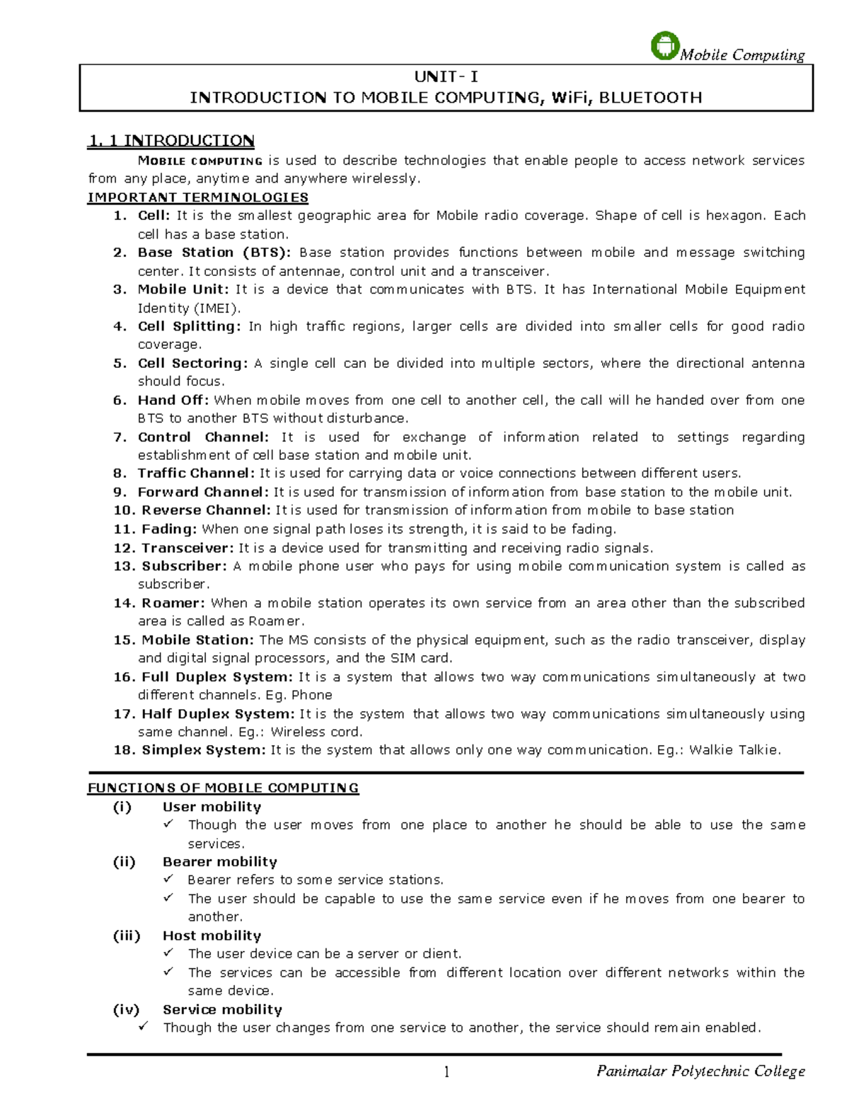 MC-notes - UNIT- I INTRODUCTION TO MOBILE COMPUTING, WiFi, BLUETOOTH 1 ...