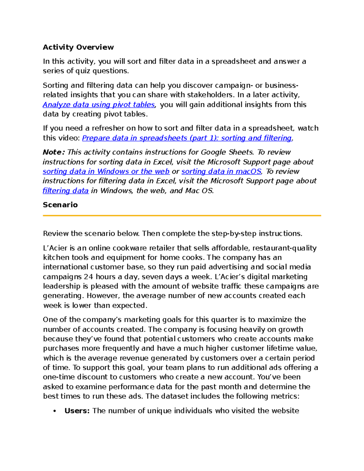 Activity Overview: Sorting & Filtering Data in Google Sheets (8) - Studocu