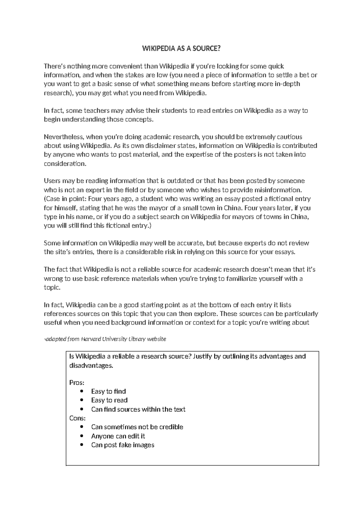 Wikipedia as a Research Source: Pros and Cons Analysis - Studocu