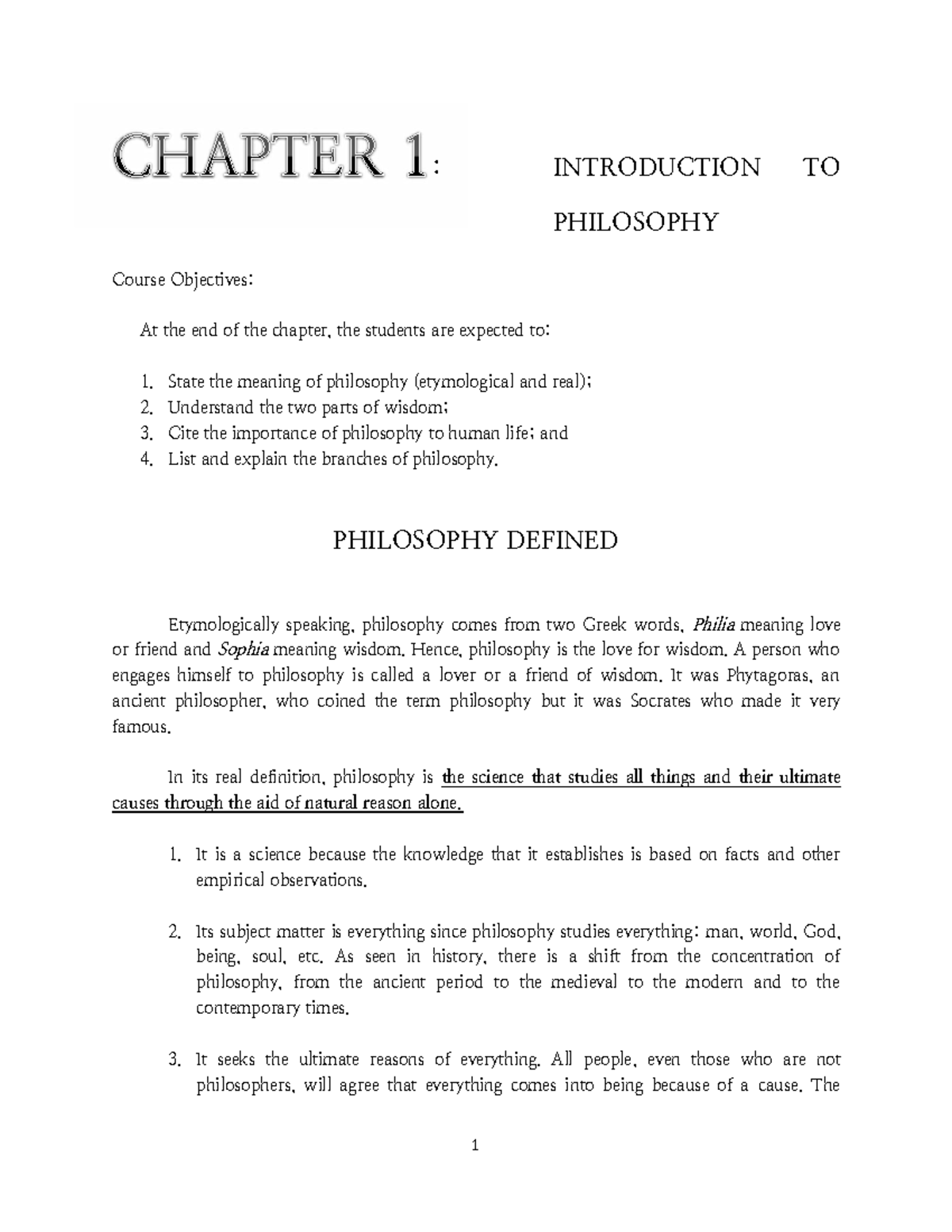 Chapter 1: Introduction to Philosophy - Course Objectives and Key ...