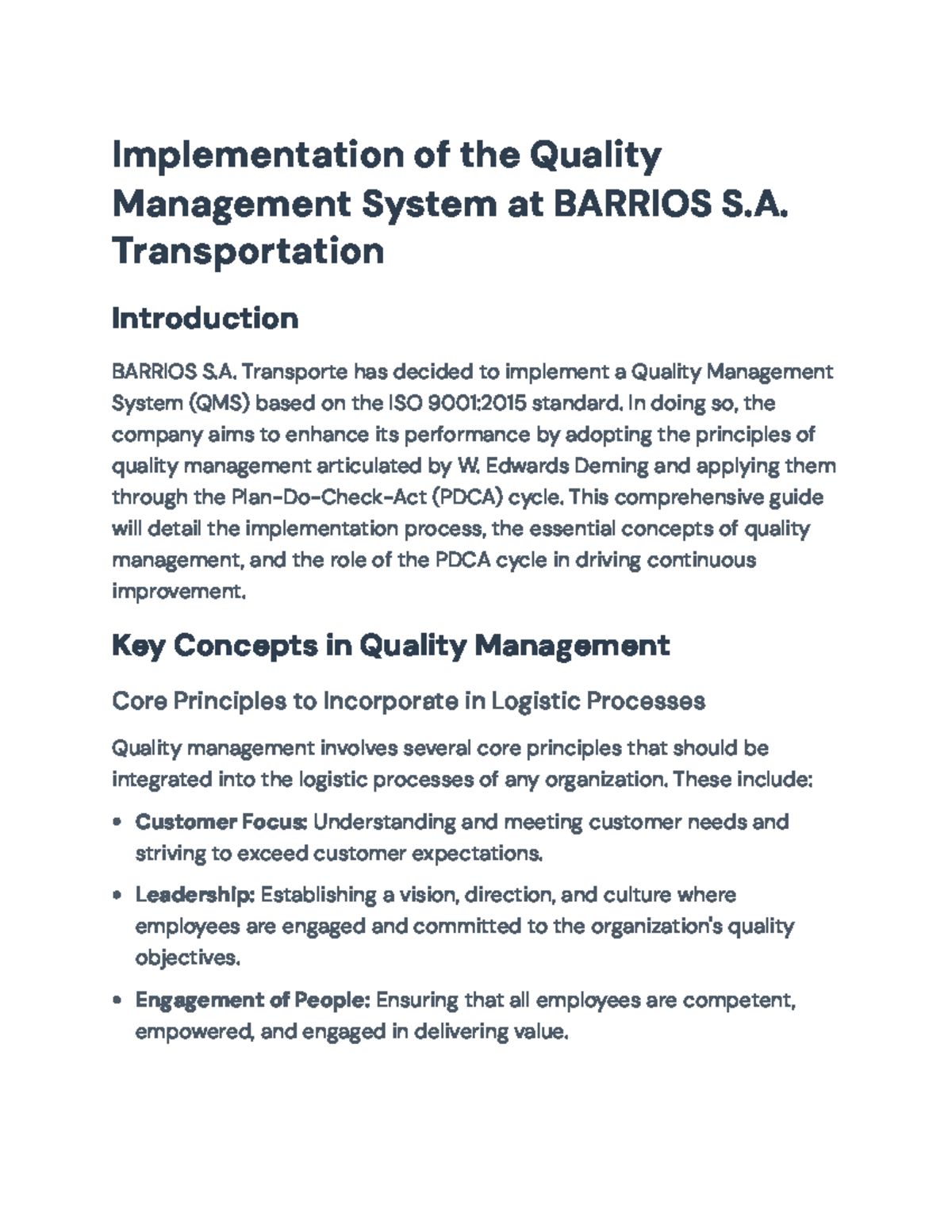 Implementation of Quality Management System at BARRIOS S.A. Transport ...