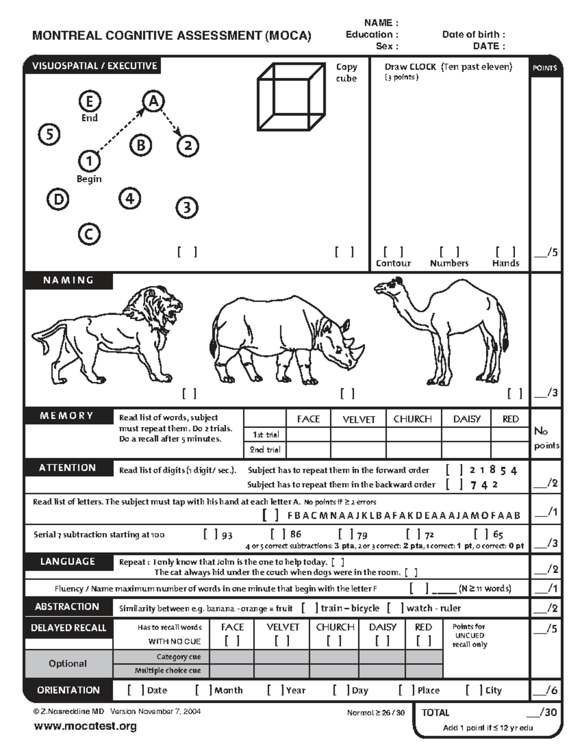 MOCA Test (Montreal Cognitive Assessment) - English Version - Studocu
