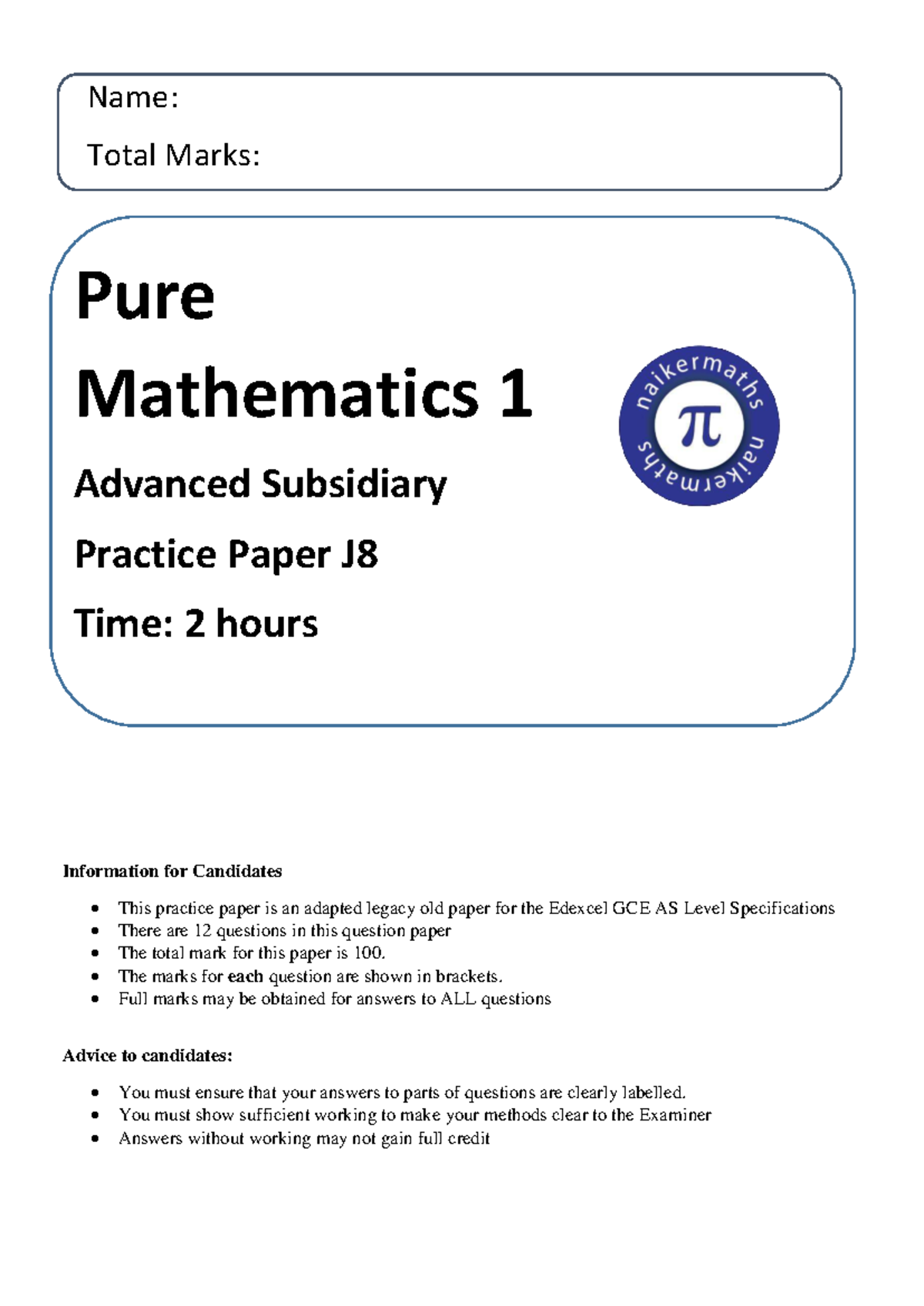 AS Pure Mathematics 1 Advanced Subsidiary Practice Paper J8 - Studocu