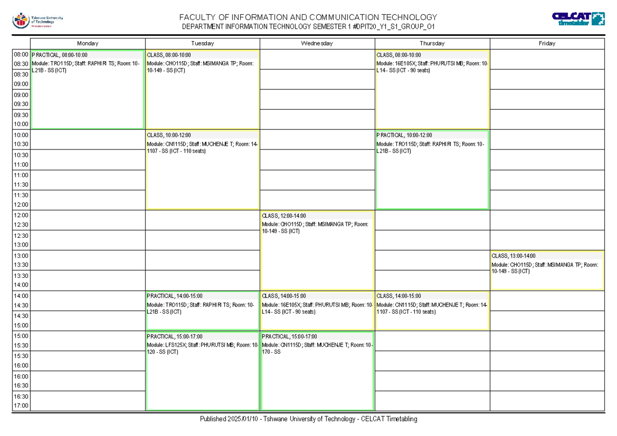 DPIT20 Y1 S1 Group O1 - ICT Semester 1 Class Timetable - Studocu