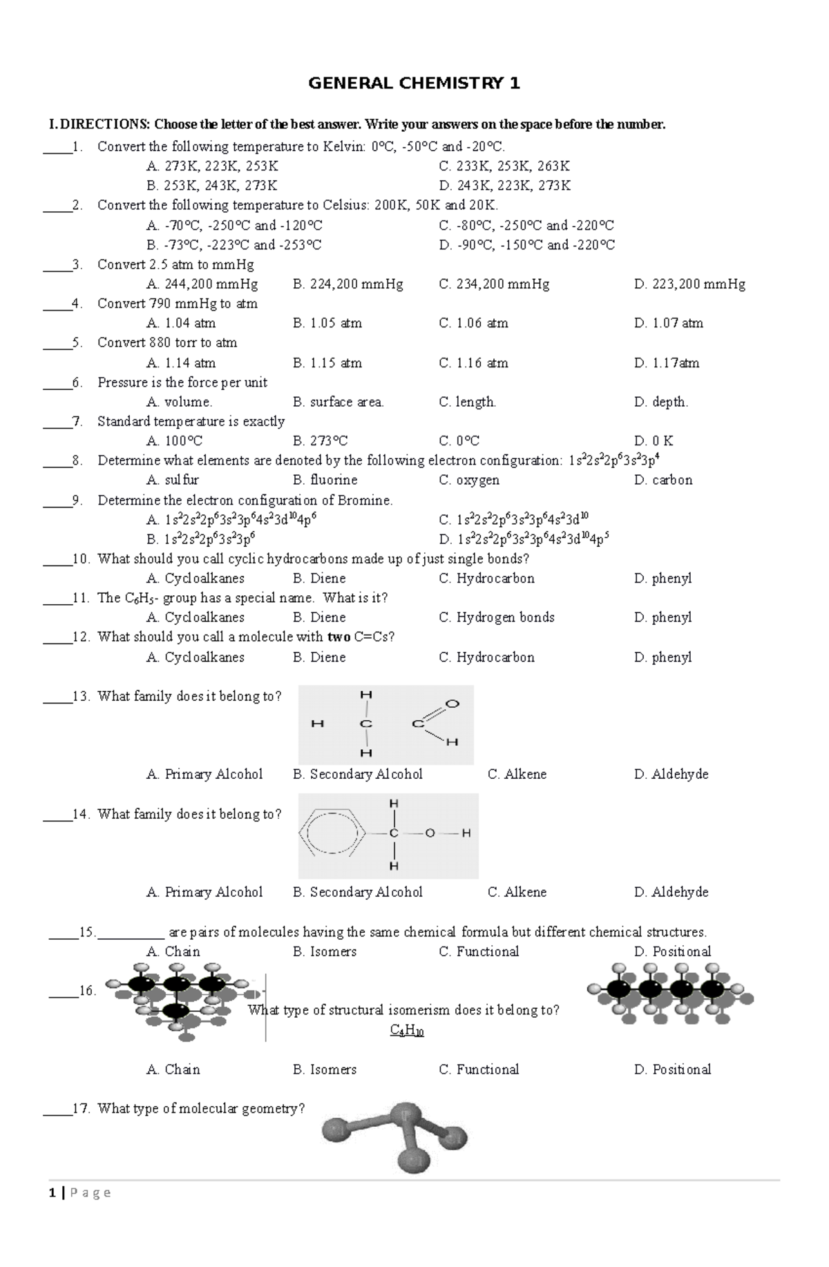 4Q Gen Chem 1 Reviewer - GENERAL CHEMISTRY 1 I. DIRECTIONS: Choose the ...