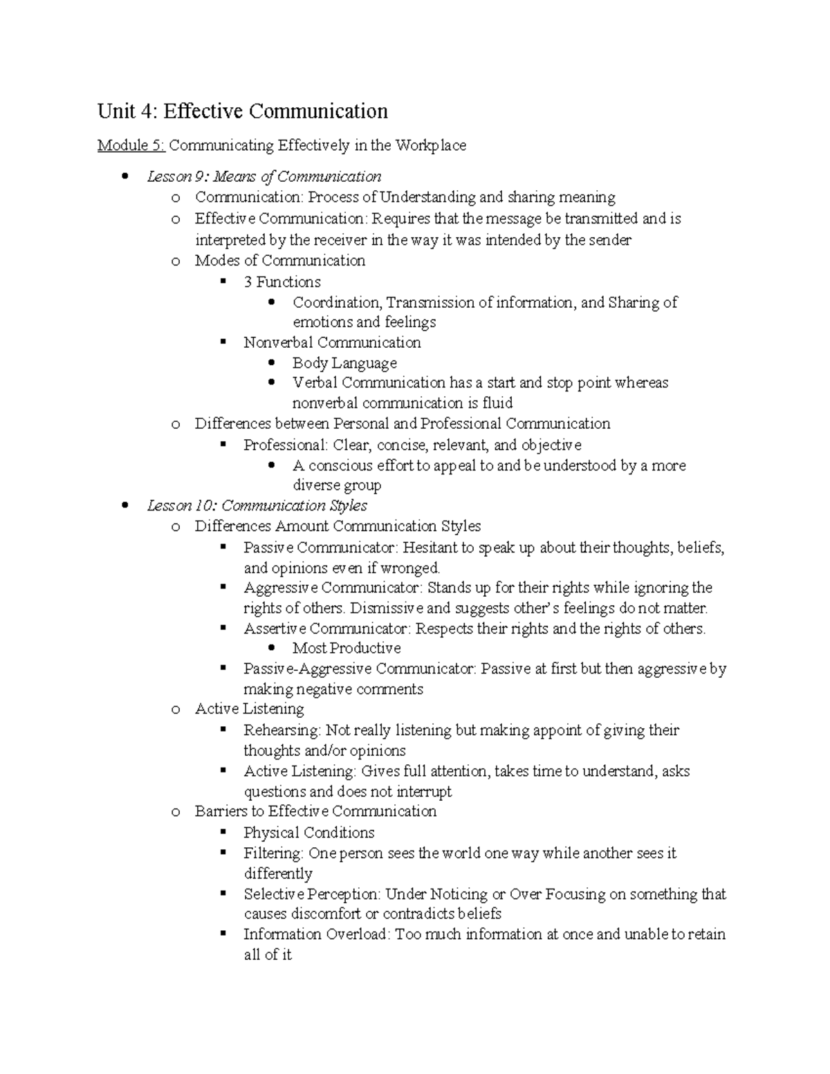 D072 Unit 4 Notes - Unit 4: Effective Communication Module 5 ...
