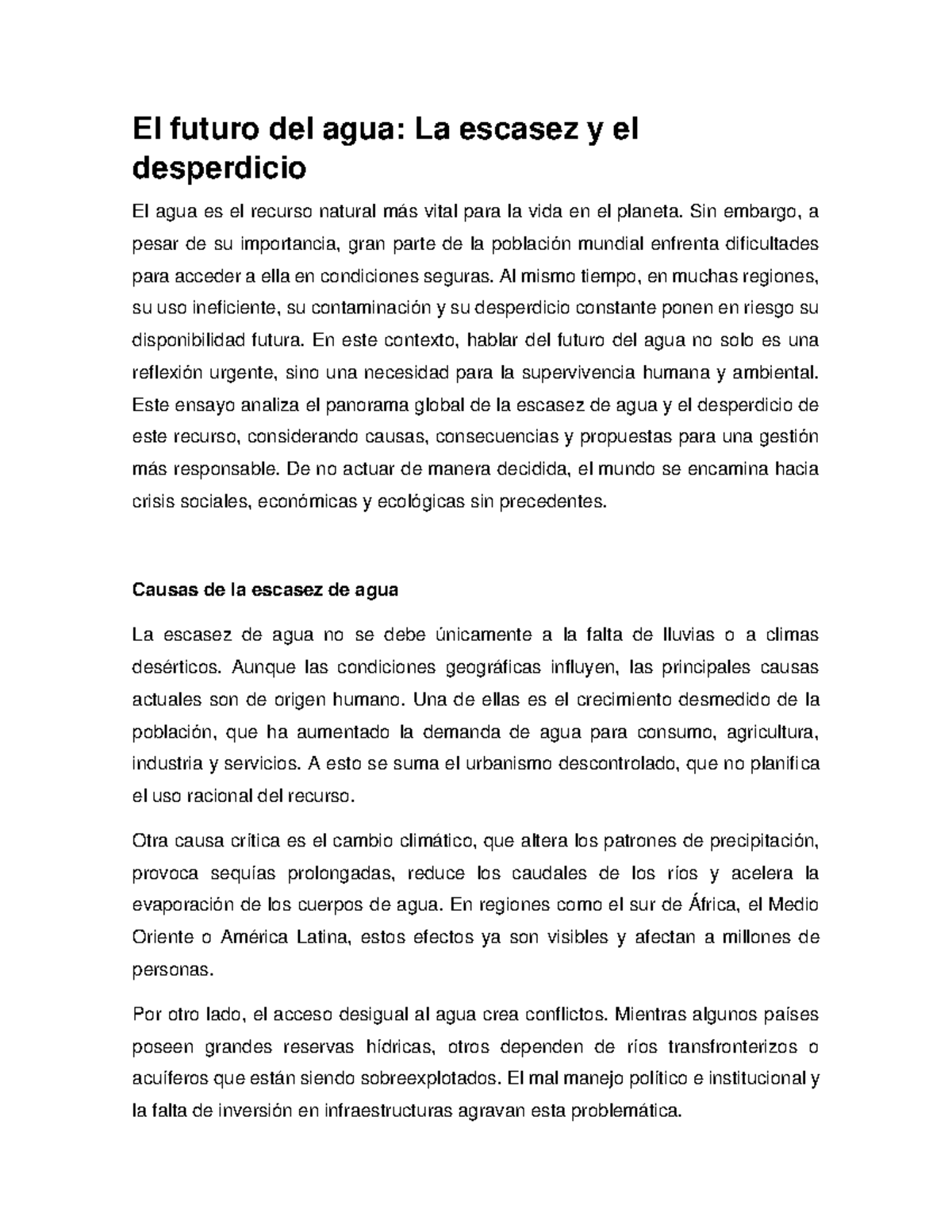 El futuro del agua: Escasez y Desperdicio en el Ensayo 2B - Studocu