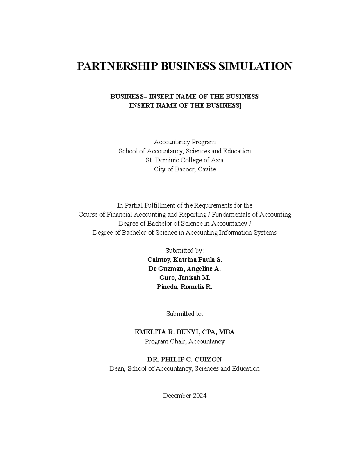 Partnership Business Simulation Report for ACCT 12 - Studocu
