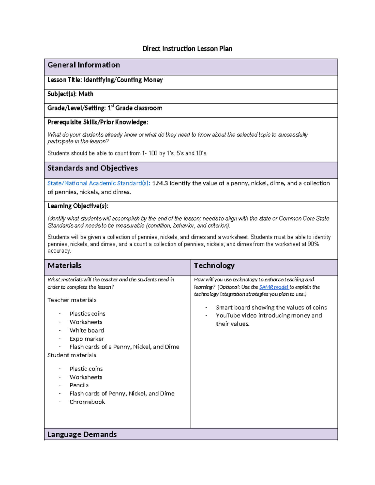WGU - Task 1 - D237 - Mathematics lesson plan - Direct Instruction ...