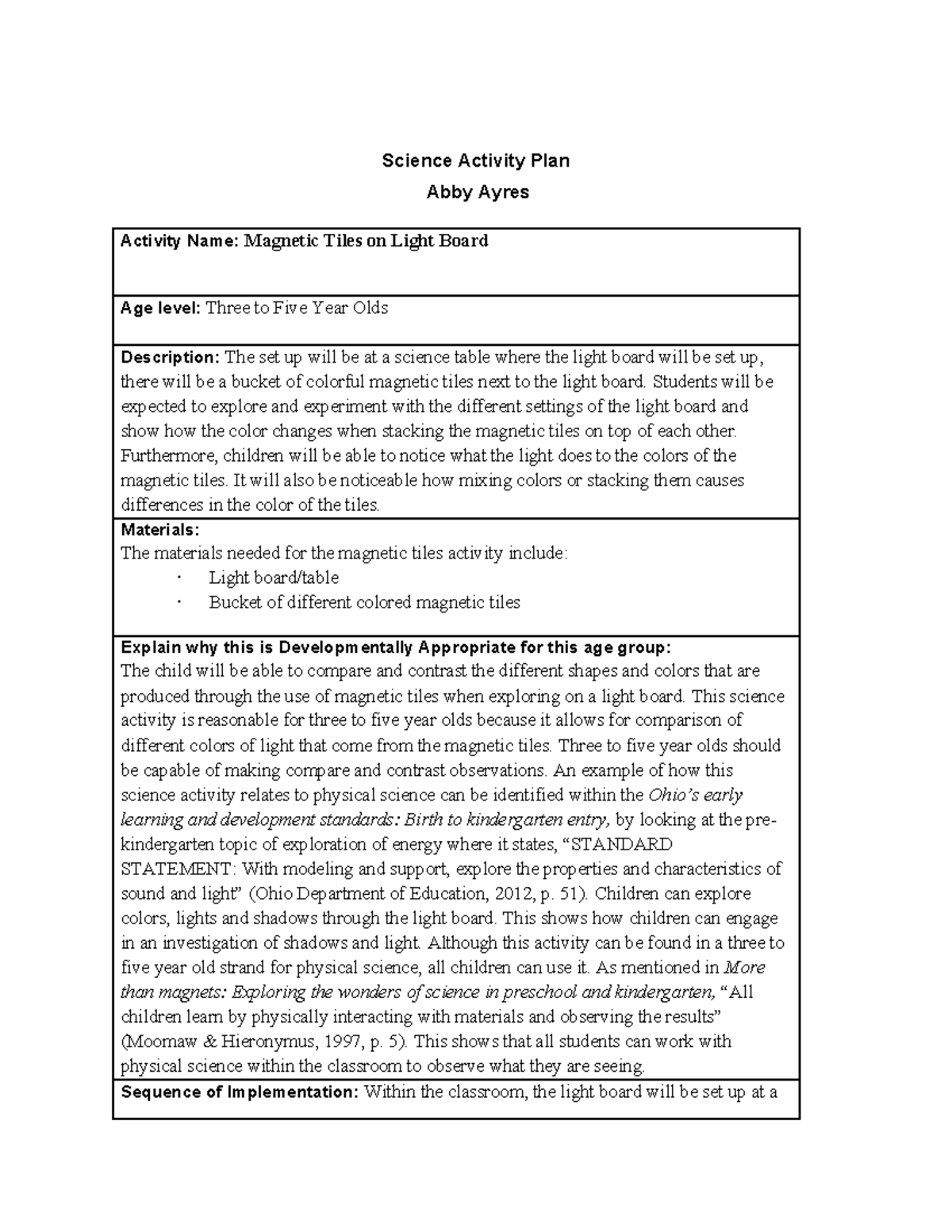 Science Activity Plan - the filled out template - Science Activity Plan ...