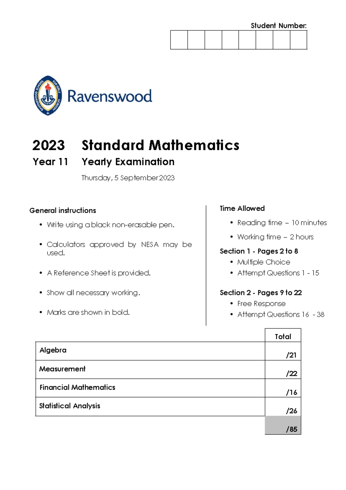 2023 11MAS Year 11 Standard Mathematics AT3 Exam Paper - Studocu