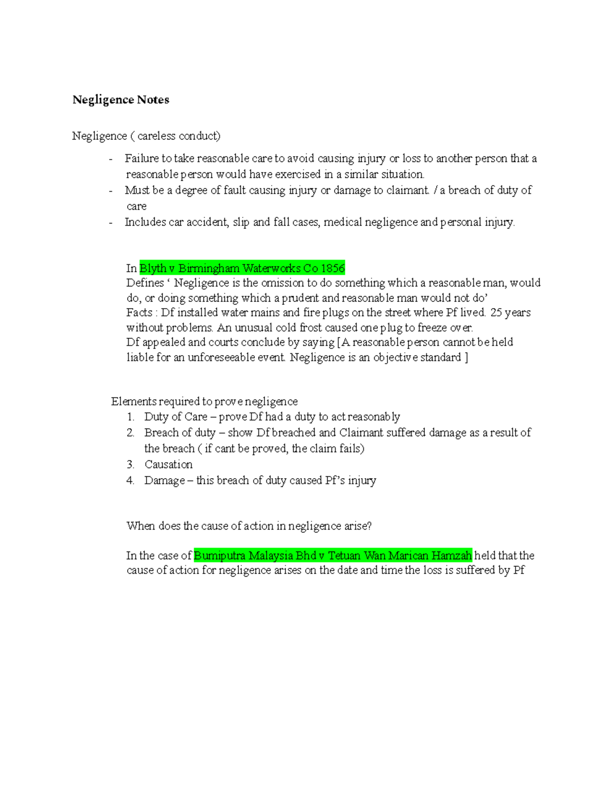 TORT 101: Negligence Notes and Key Case Summaries - Studocu