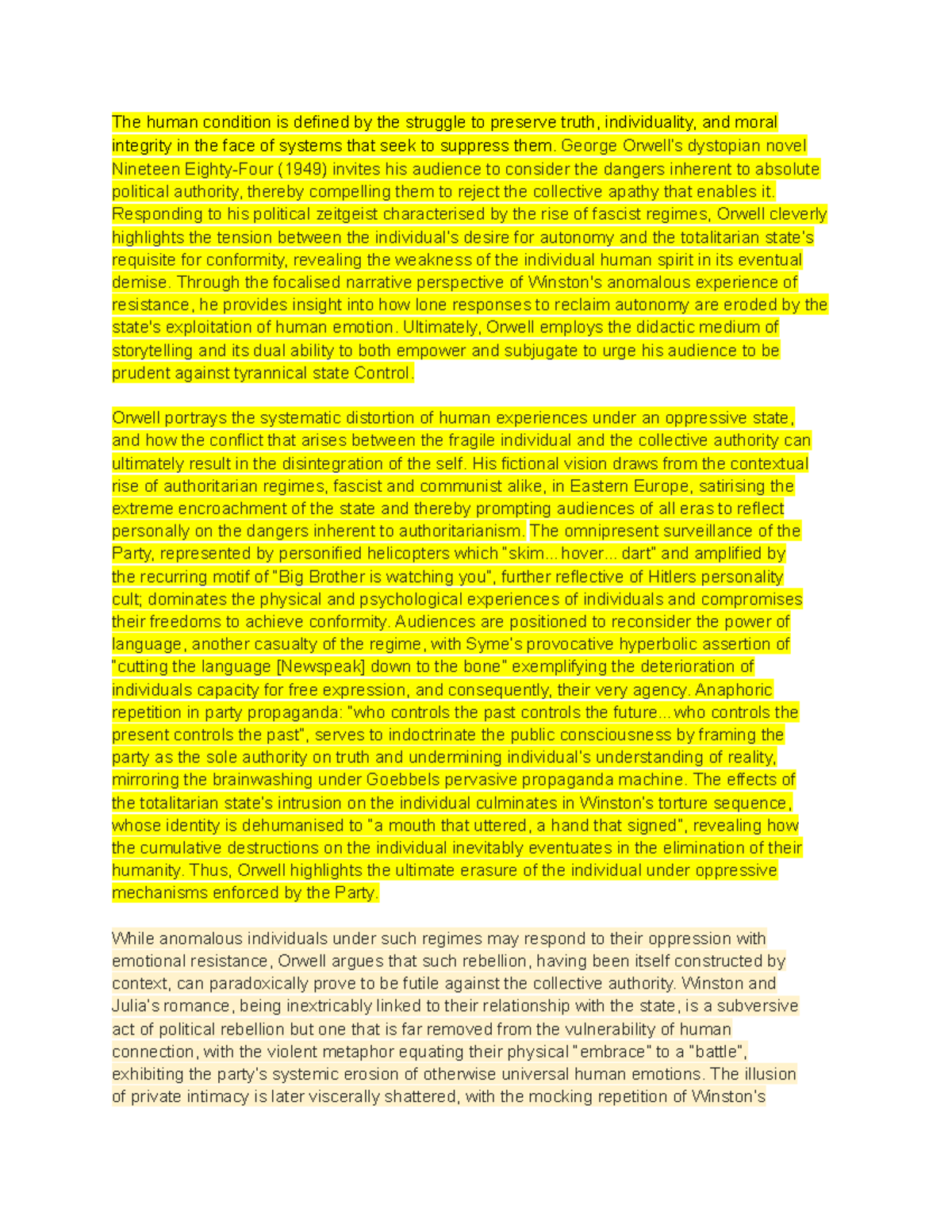 1984 Final Essay: Exploring Orwell's Dystopian Vision and Human ...