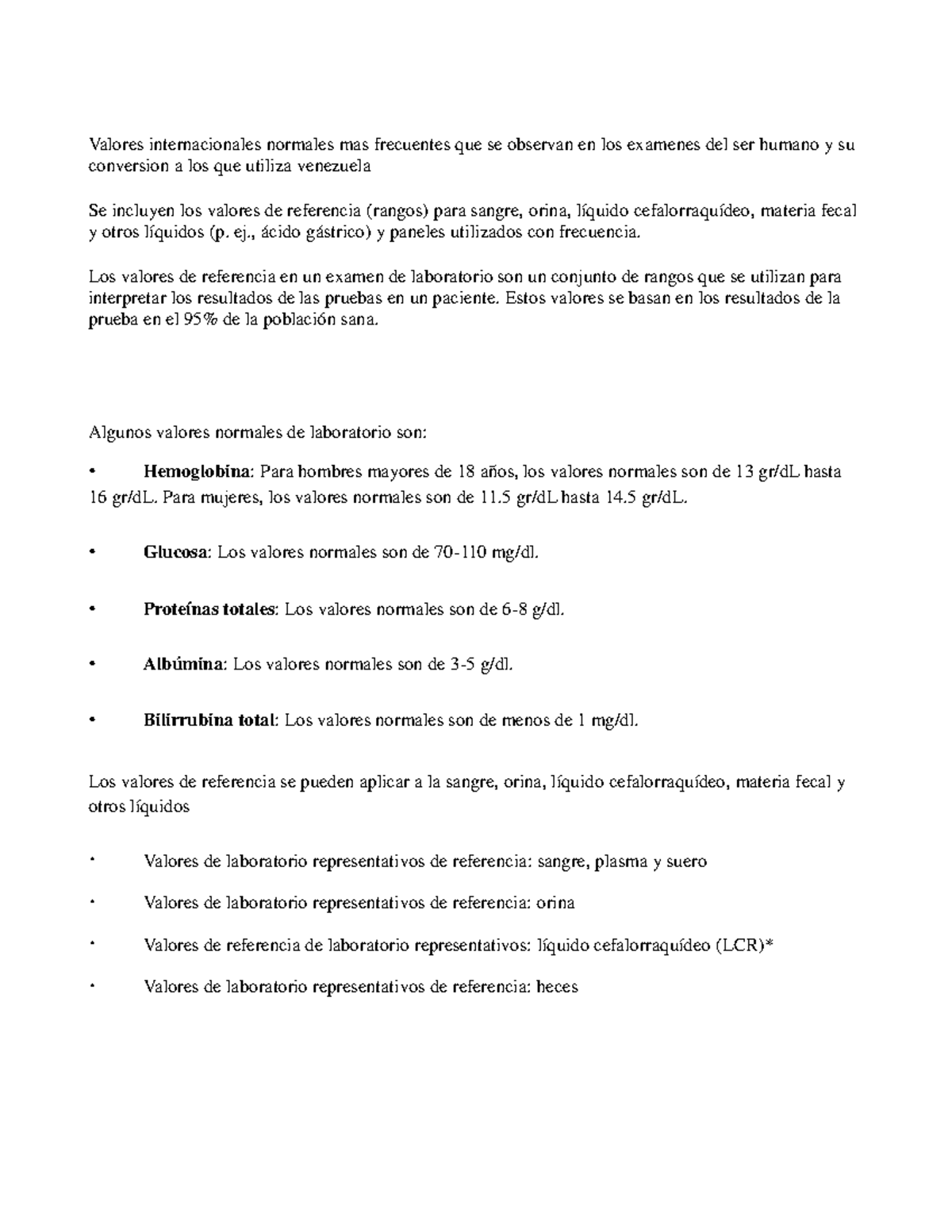 Valores Normales de Laboratorio y su Interpretación en exámenes - Studocu