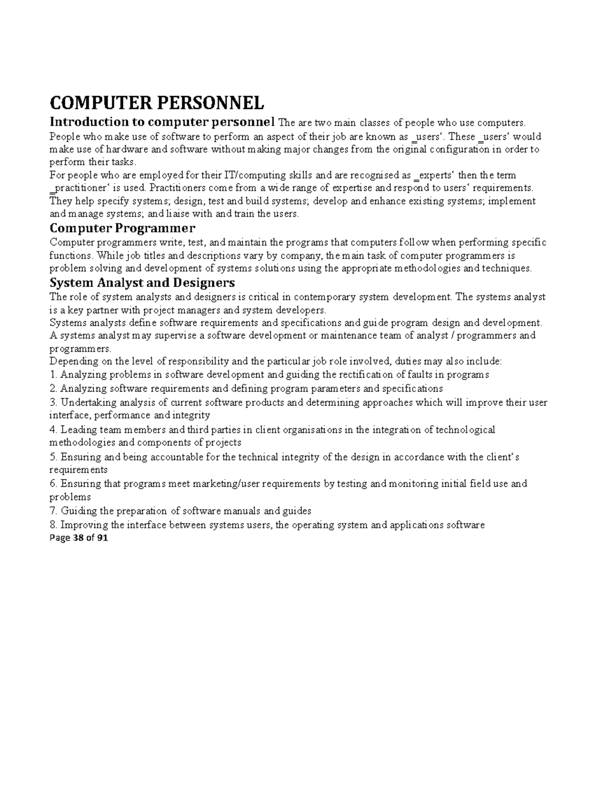 Computer Personnel Overview - Roles & Responsibilities in IT - Studocu