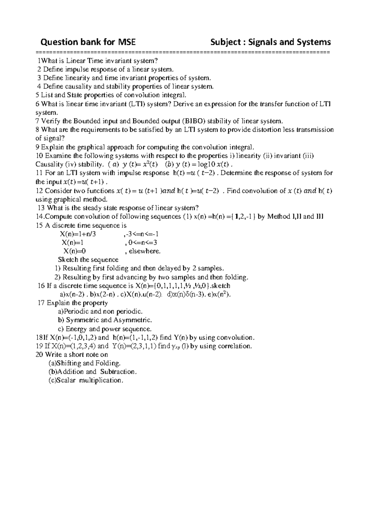 Paper MSE - fbgfc - Question bank for MSE Subject : Signals and Systems ...